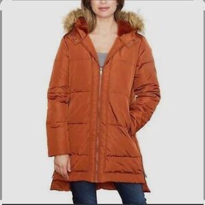 Brown Quilted Puffer‎ Jacket with Fur Trimmed Hood